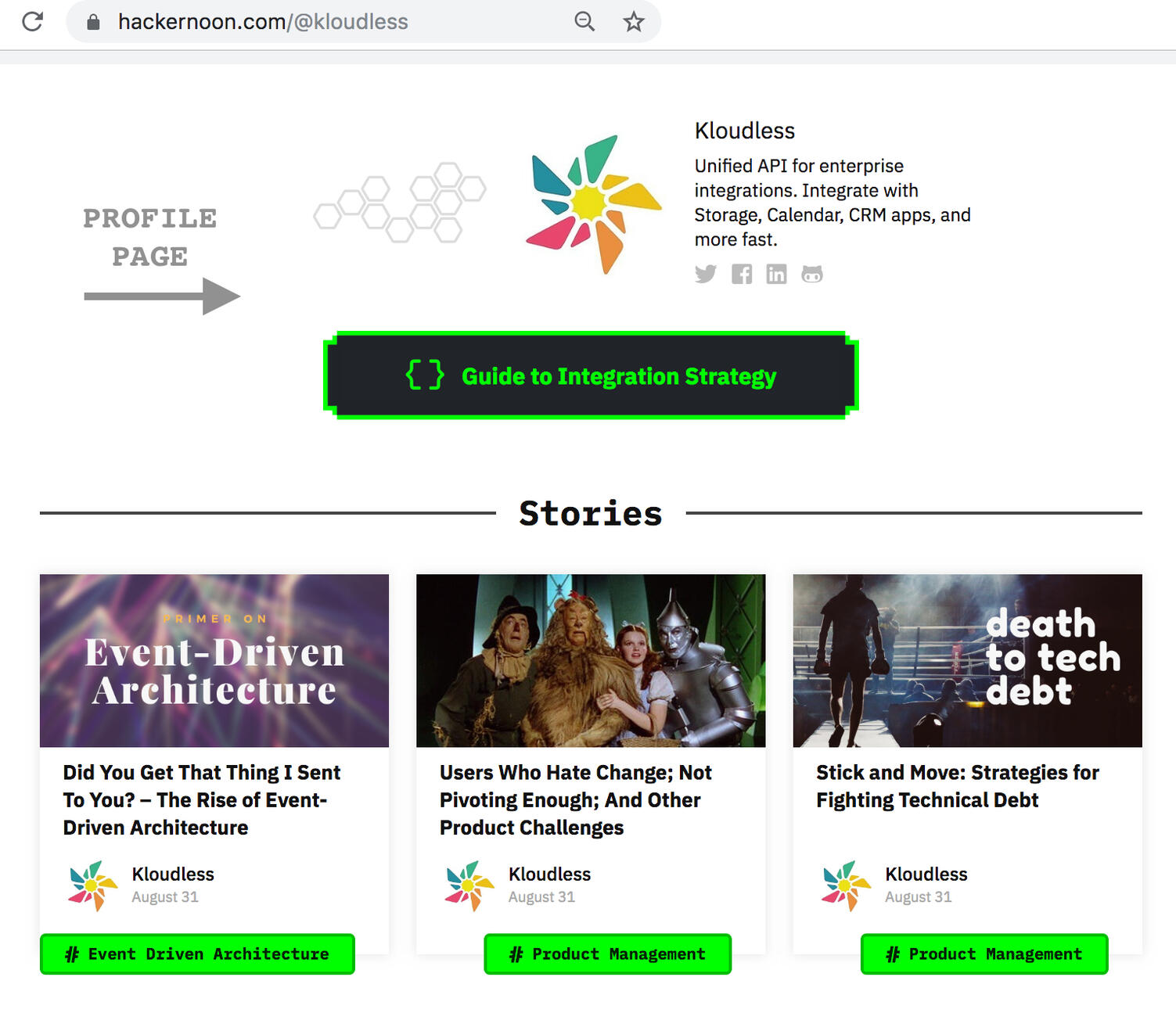 Kloudless profile page